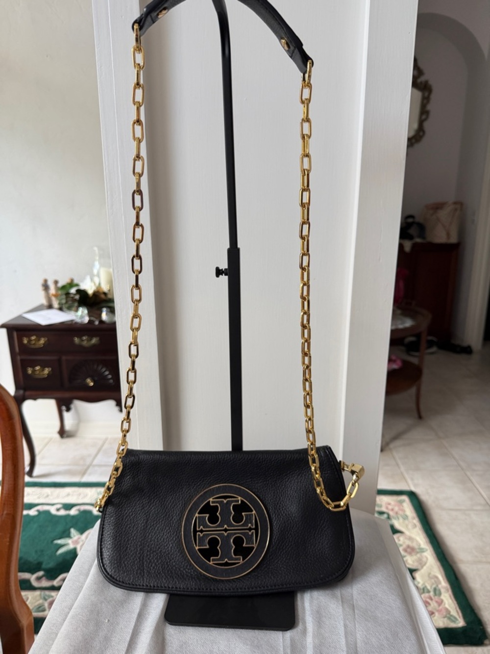 Tory Burch Amanda Convertible Black Pebble Leather Clutch/Crossbody